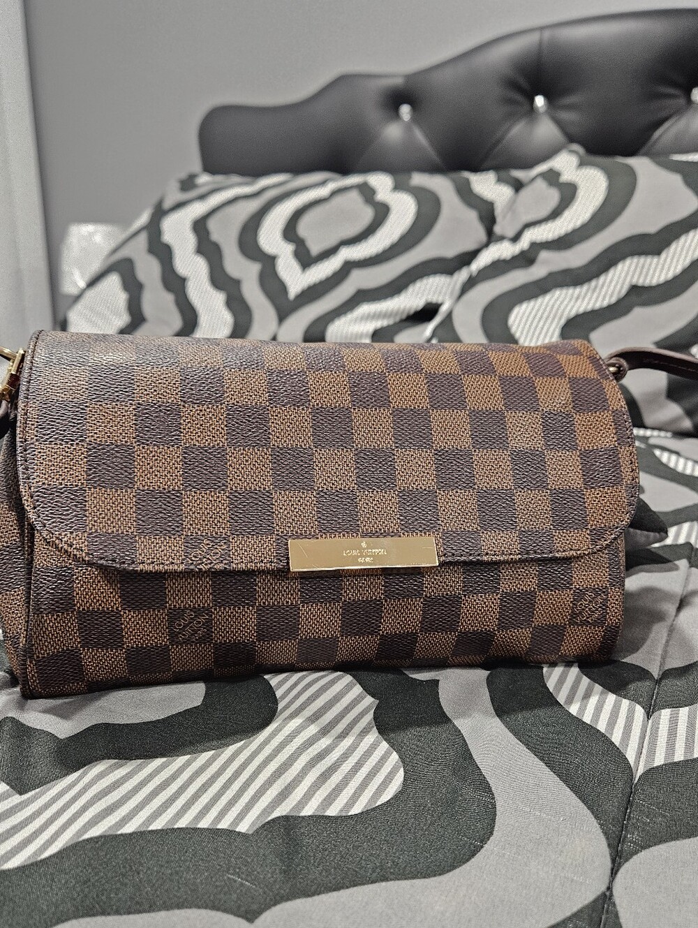 Brown Checkered Crossbody Bag with Pom Pom - Picture 3 of 9